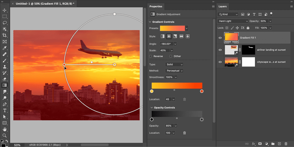 Figure 4. To edit a gradient fill layer, keep the Properties panel open and select the Gradient tool. 