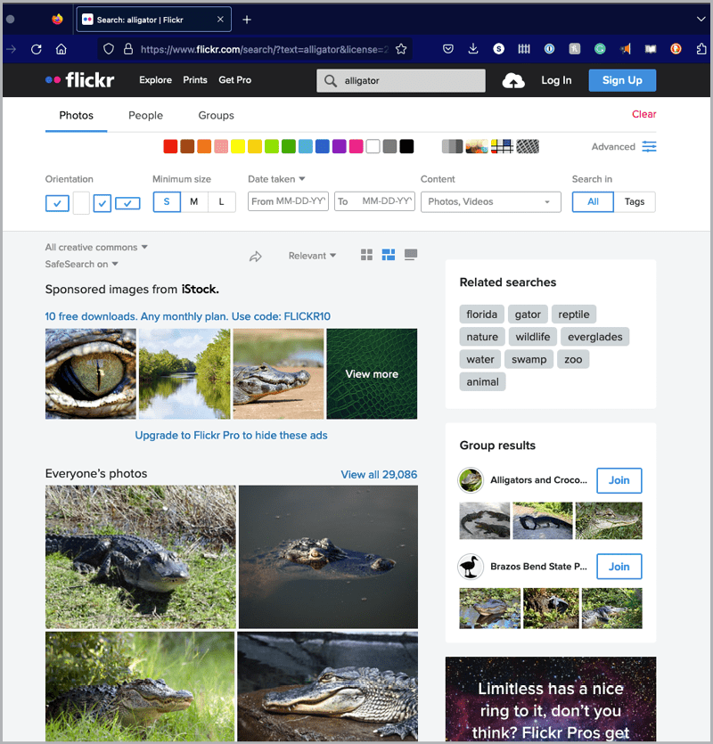Figure 4. Flickr can filter results, limiting them to those tagged with different Creative Commons licenses.