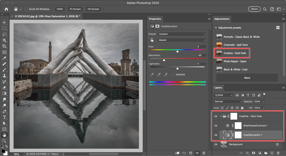 Figure 5. Adjustments presets now appear first in the Adjustments panel, so they can be in the way if you frequently use the standard adjustments, which you might now have to scroll down to reach. 