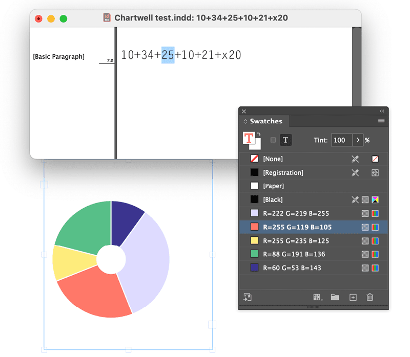 Figure 5. Viewing the text in InDesign’s Story Editor lets you see the text that generates the chart. The color assigned to each numeral in the text determines the color of the related chart element.