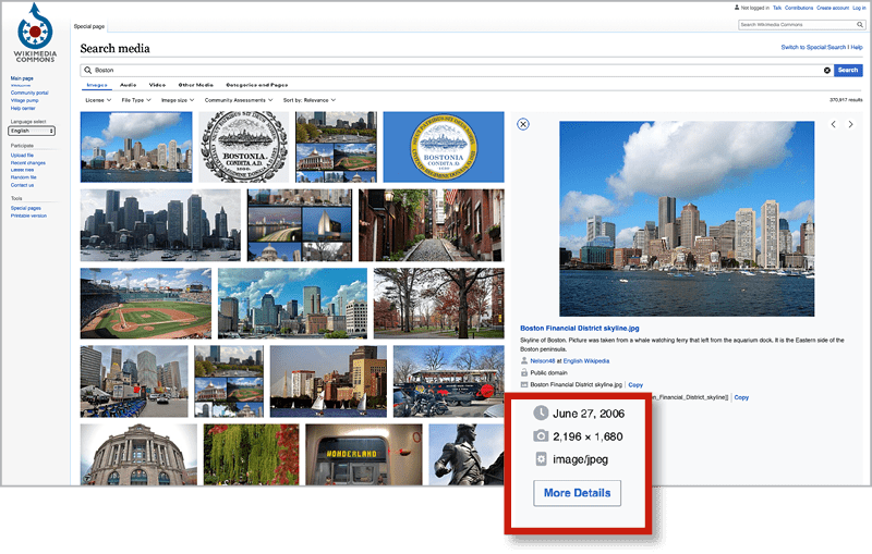 Figure 5. Click More Details in your Wikimedia Commons search result to navigate to a page where you can download various sizes of the file or see the metadata for an image included in the free online encyclopedia’s digital archives.