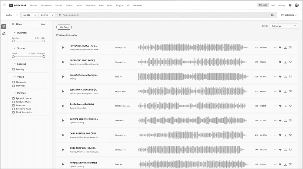 Figure 8. The Filter panel and audio search results