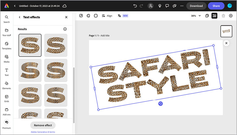 Figure 9. Describe a text effect, and Adobe Express will generate and apply it. 