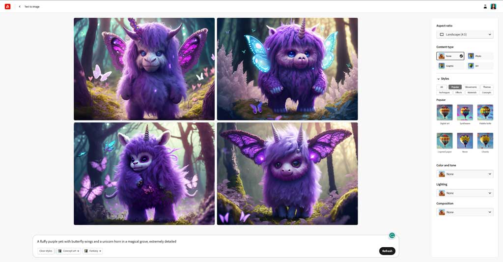 generative AI image created from the prompt: "A fluffy purple yeti with butterfly wings and a unicorn horn in a magical grove, extremely detailed"