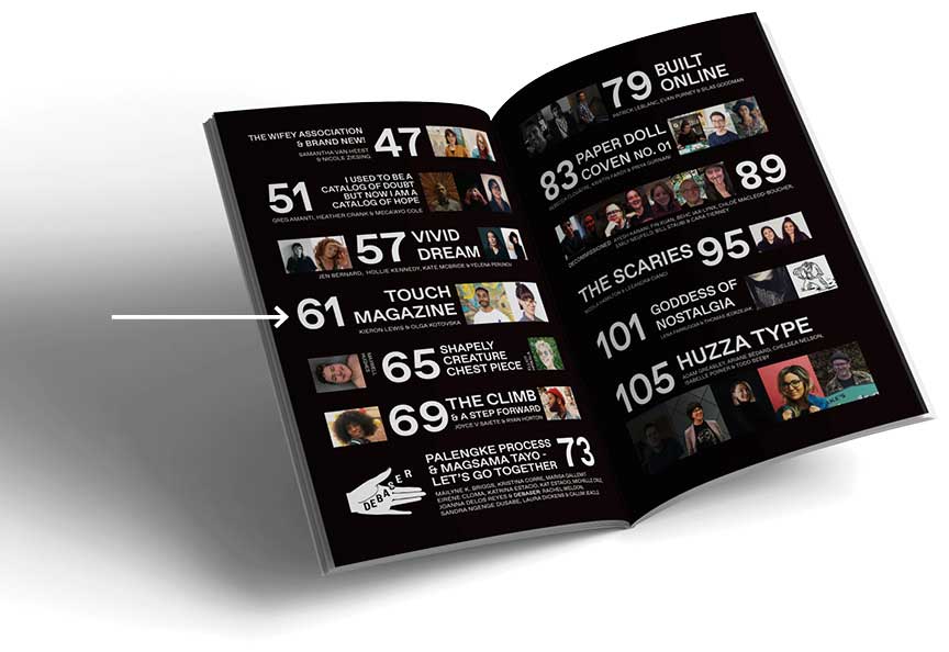 Figure 17. Poirier and Bédard’s design collaborator Émilie Brunet created this intricate table of contents for the issue, featuring photographs of every artist featured in the zine. Can you find Kieron Lewis, another of our featured InDesigners?