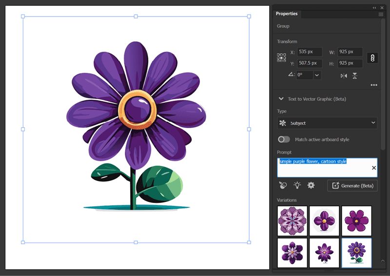 Figure 1. Simply draw a blank rectangle, open the Text to Vector Graphic section of the Properties panel, and type in your prompt to generate vector images.