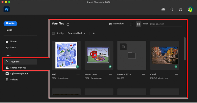 Figure 3. Cloud Documents are listed on the Home screen in Photoshop.