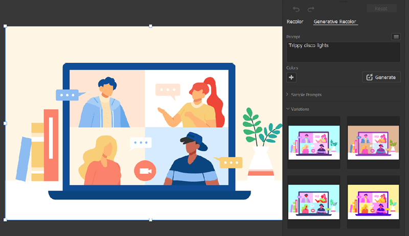 Figure 3. With Generative Recolor, you can choose a sample prompt or use your own to apply new palettes to existing artwork.