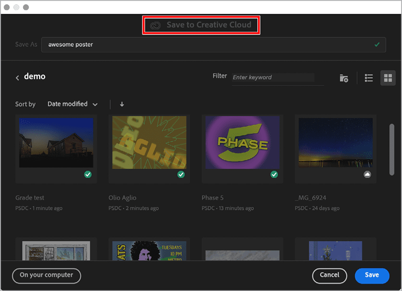 Figure 4. You see the Save to Creative Cloud dialog box when saving a Cloud Document.