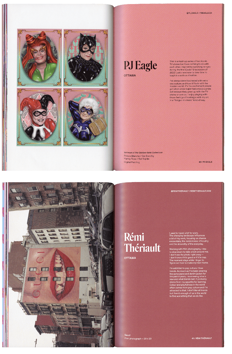 Figure 8. The art showcased in Pop Culture covers a range of tones and emotions, from the playfulness of a Golden Girls/Batman crossover to the discomfort of a Gucci advertisement face pockmarked by windows. 