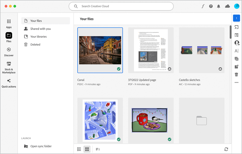 Figure 9. In the Creative Cloud Desktop app, you can view synced content from multiple applications. At the bottom is the soon-to-disappear Open Sync Folder button to Creative Cloud Files.