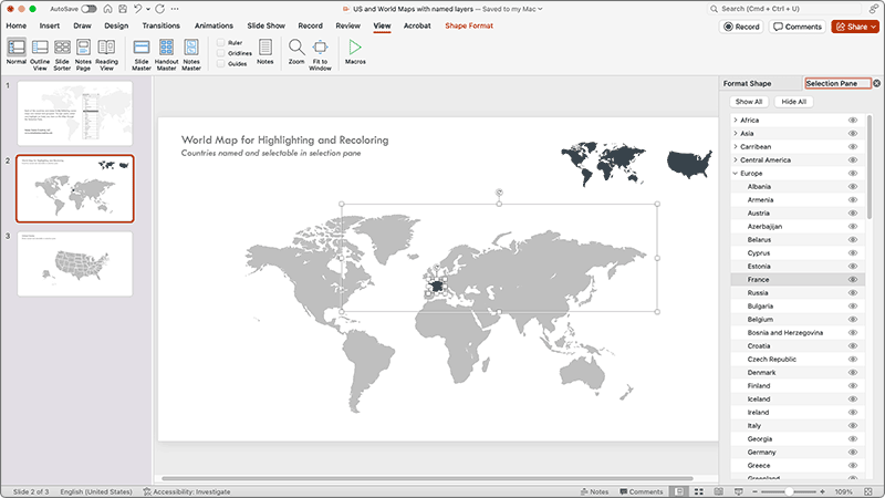 PowerPoint template containing maps of the United States and the world