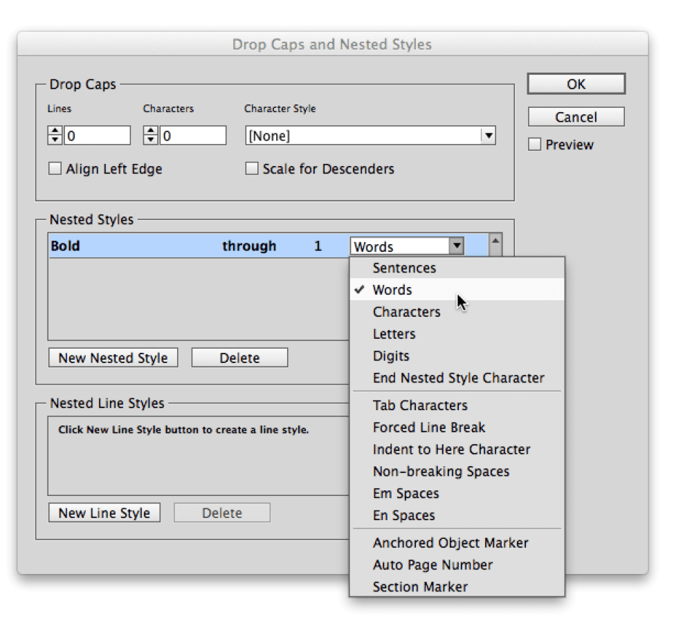 Nested styles menu bold through words