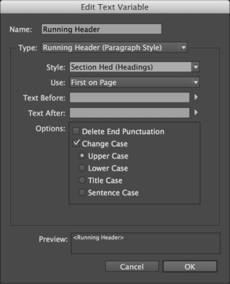 InDesign Edit Text Variable Dialog Box