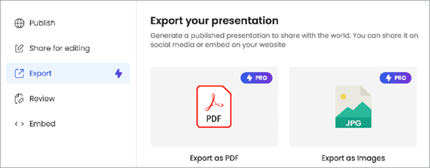 Figure 6. Presentations.ai requires Pro user status to download a PDF or export each slide as a JPG.