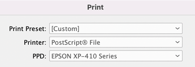 InDesign Print dialog box with options for PostScript file and desktop printer PPD chosen