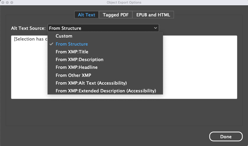 Alt text settings in Adobe InDesign Object Export Options