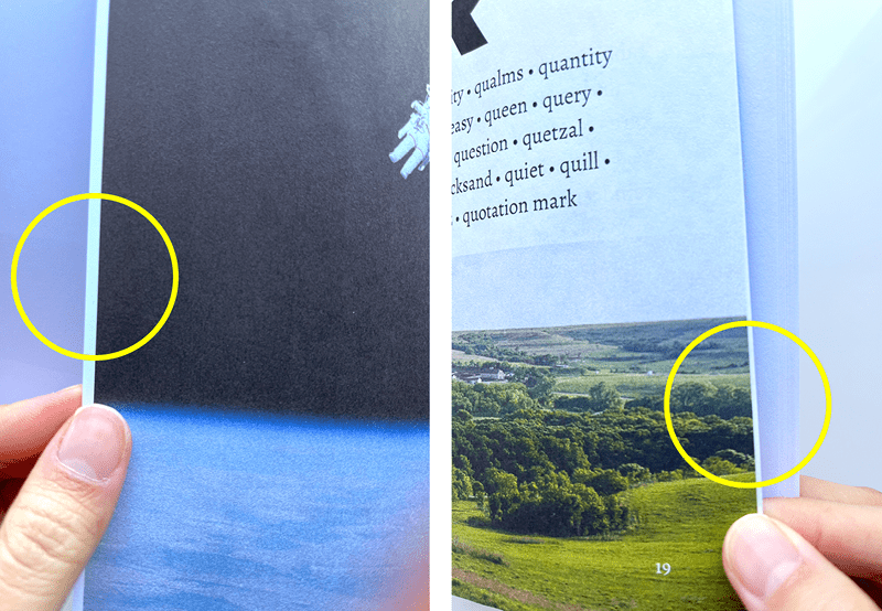 Figure 10. Barnes & Noble Press proof with a white edge showing on images that should have run to the left (left) and right (right) edges of the paper