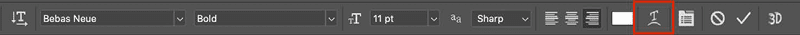 Figure 11. The Option bar with the Text tool selected and the Warp icon highlighted