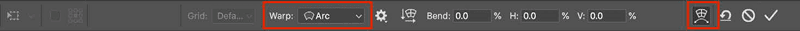 Figure 12. The Option bar with a text layer selected after entering the Free Transform mode; Warp icon and Style menu highlighted