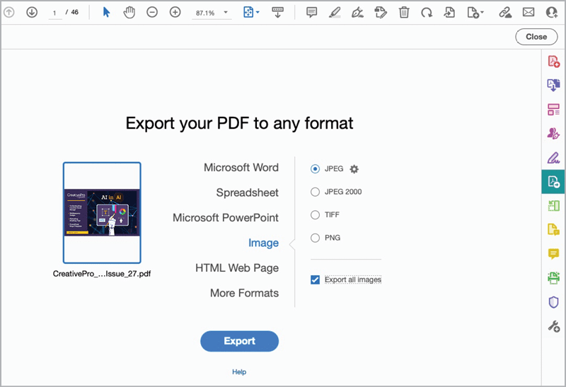 Figure 5. Exporting all images from a PDF in the old Acrobat experience.