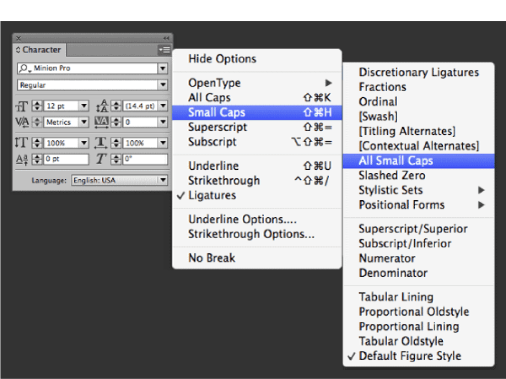 Character menu all small caps