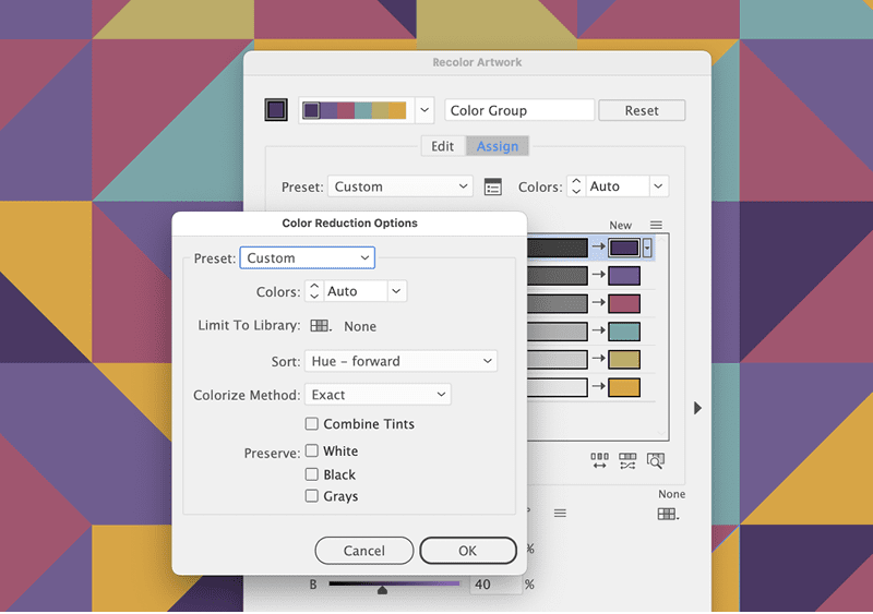Figure 6. Check your settings before recoloring. These settings apply everywhere inside the Recolor Artwork feature, but they are easy to miss.