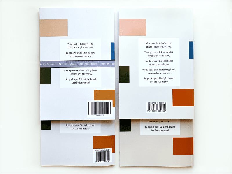 Figure 8. Back cover barcode placement for Amazon KDP (top left), Barnes & Noble Press (bottom left), Blurb (top right), and Lulu (bottom right)