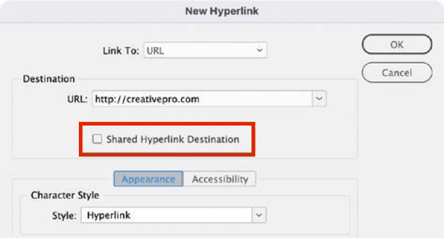 Figure 9. Turn off (uncheck) Shared Hyperlink Destination, which is on by default.