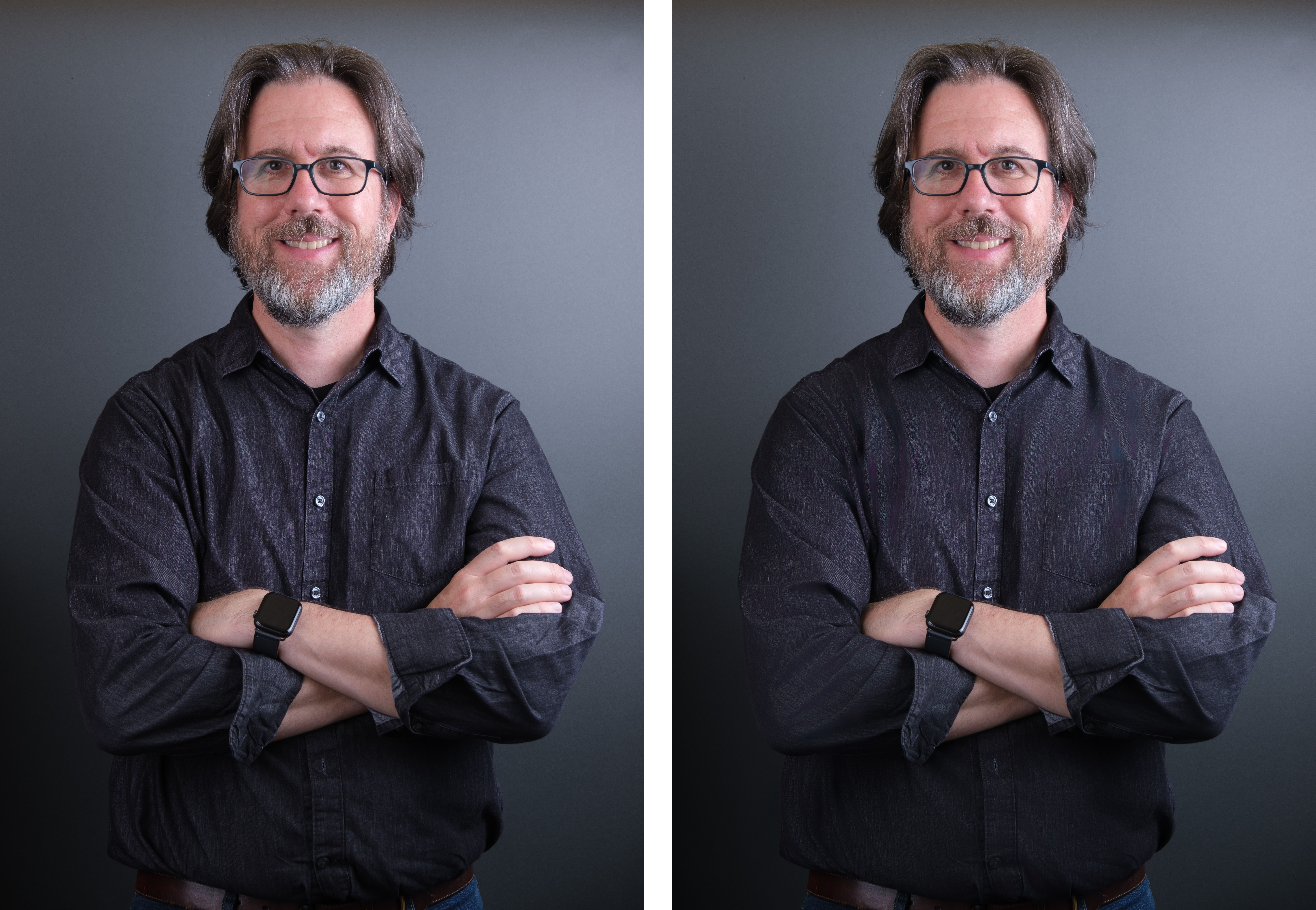 Two images of the same bearded man looking at the camera with arms crossed. In the left image you can see wrinkles on his shirt. In the right image, most of the wrinkles are gone.