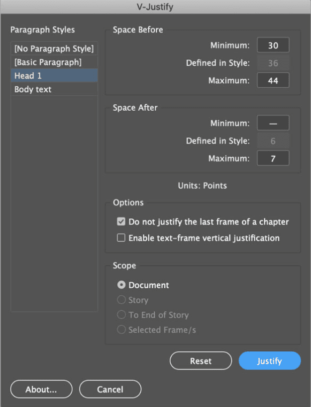 Figure 14. V-Justify lets a designer apply exacting parameters to specify which styles can accommodate extra spacing, the limit of that spacing, and where and how that spacing is applied.