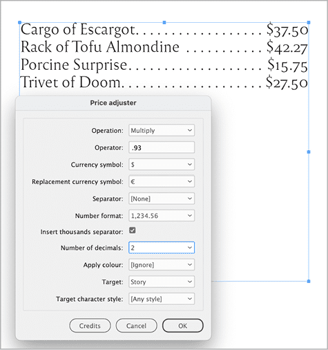 Figure 16. PriceAdjuster converts all the prices in your document. Just specify the exchange rate.