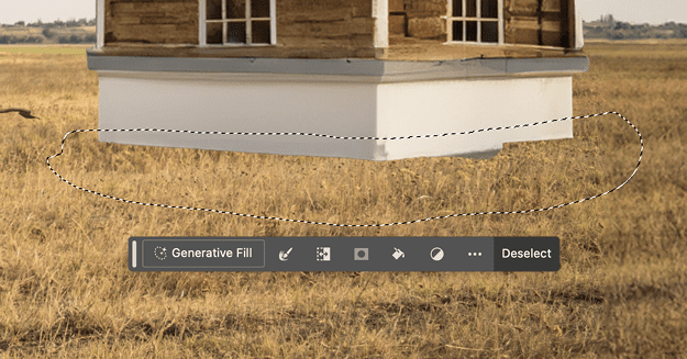 Figure 17. Make a lasso selection around the bottom of the house and the grass, click Generative Fill, and then click Generate.