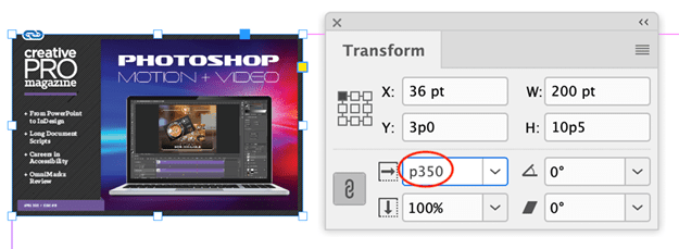 Figure 1. To resize an image to a new width, replace the Scale X Percentage field’s value with a measurement. (You must type in the unit of measure, even if you’re using the default unit; otherwise, InDesign reads the new value as a percentage.) Do the same with the Scale Y Percentage field to scale to a new height.
