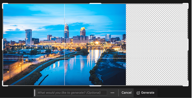 Figure 2. Starting with an Adobe Stock image of Cleveland, I used the Generative Expand feature in Photoshop to add more to the skyline.