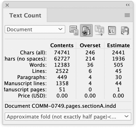 Figure 3. DTPTools’ Text Count panel