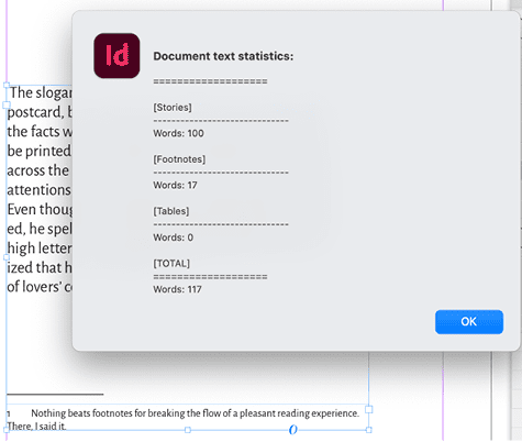 Figure 4. Tomaxxi’s Count All Text script does just that—counts all the text, including footnotes.