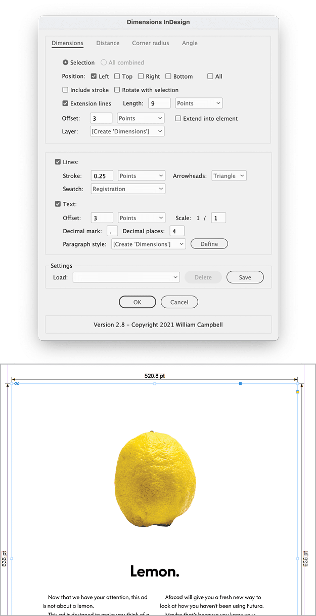 Figure 8. Measure and label your selected object(s) with a click of a button with Dimensions InDesign.