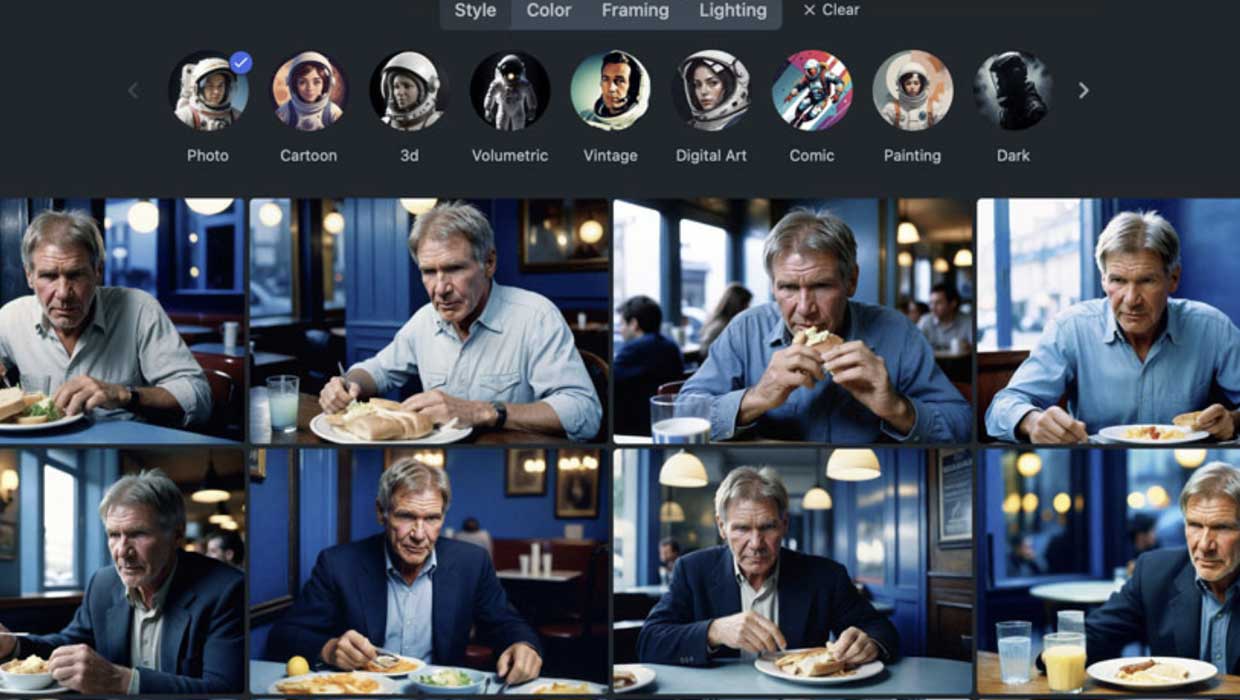 Generative AI images of Harrison Ford created with Freepik Pikaso