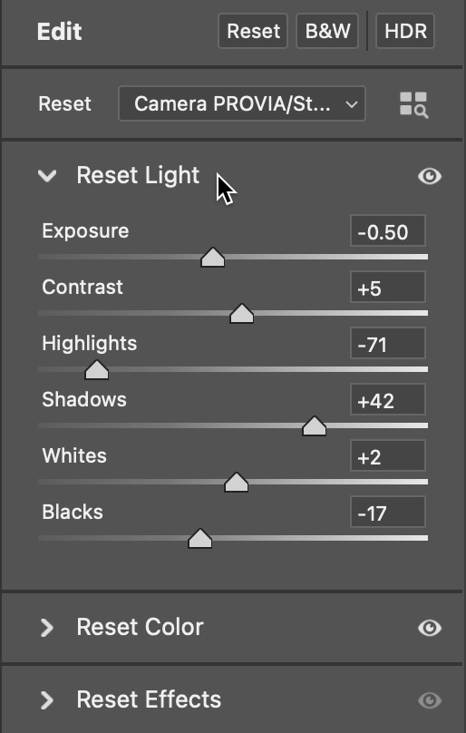A portion of the Camera Raw interface showing the Light controls.
