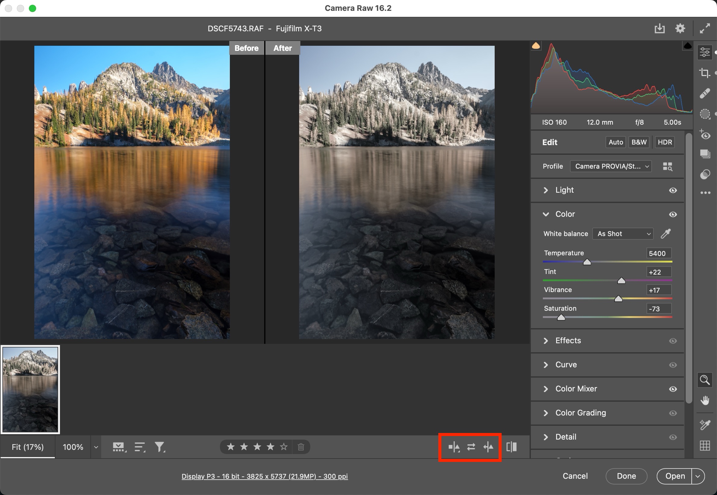 The Camera Raw interface showing a side-by-side before and after view of a photo of a mountain and lake.