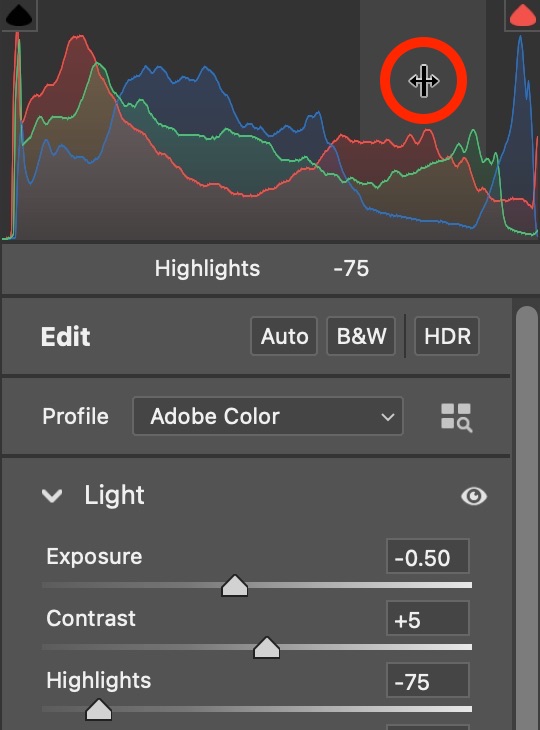 A portion of the Camera Raw interface showing the Histogram and a few Light controls. The mouse pointer is dragging a portion of the histogram to adjust the Highlights values.