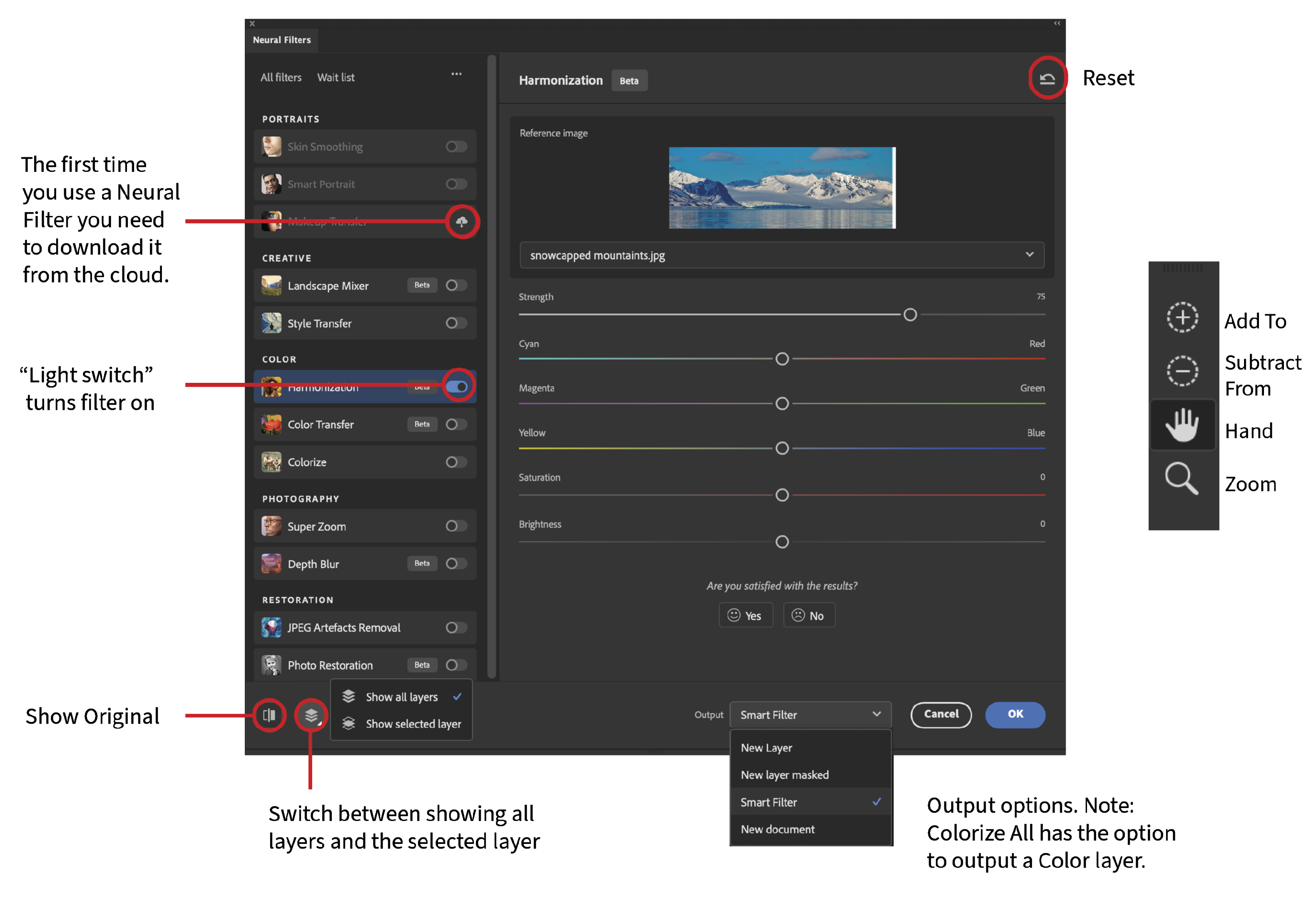 Dialog box for Neural Filters in tab above left shows settings for active filter Harmonization. Callout to cloud-with-down-arrow icon says "the first time you use a Neural Filter you need to download it from the cloud." Callout to the switch icon reads "'Light switch' turns filter on." Callout to lower left icon reads"Show original.' Callout
<!--more-- srcset=