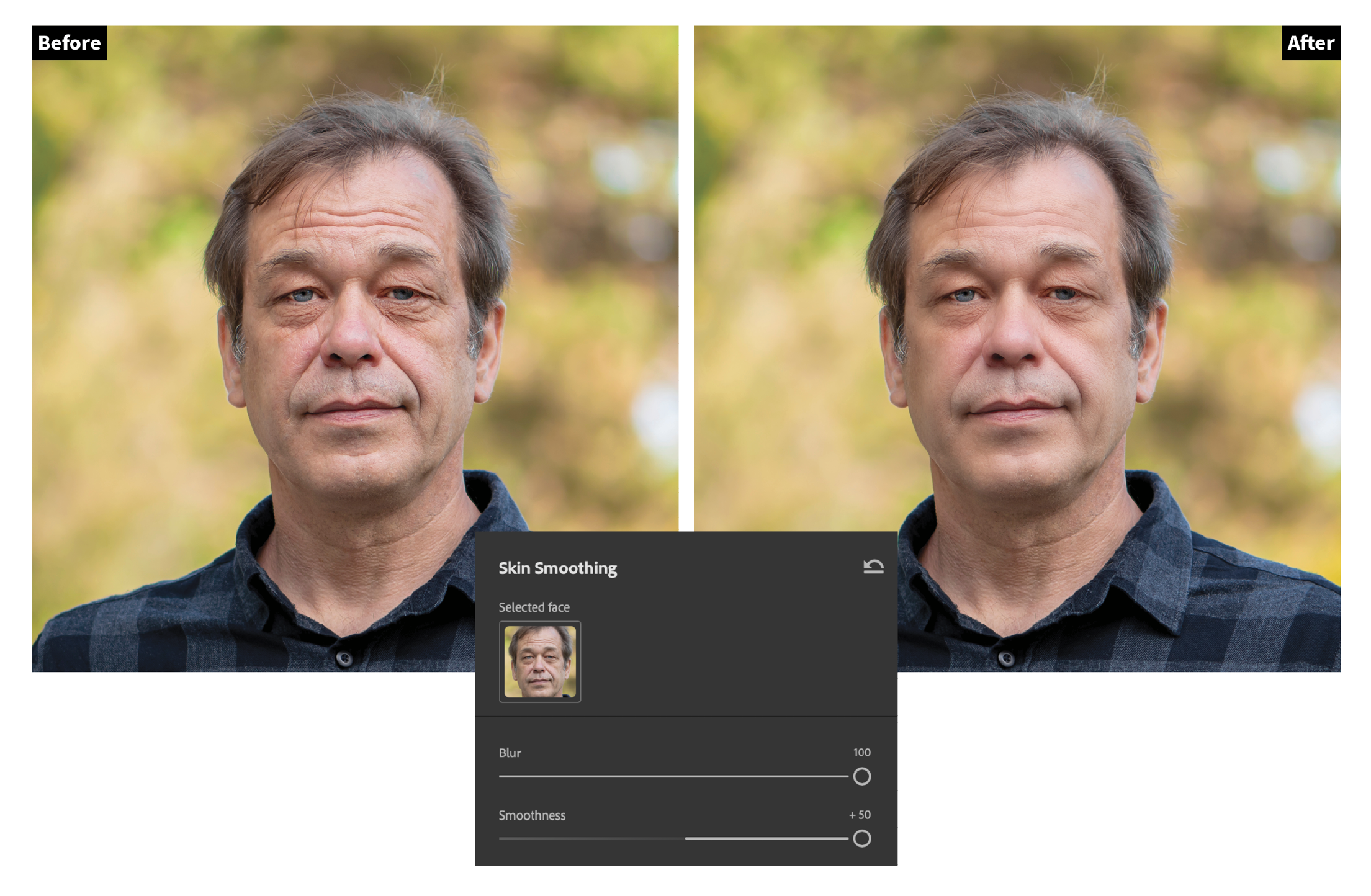 Comparison of two photos of a middle-aged man, labeled "before" with visible skin imperfections, and "after" with smoother skin, showcasing a photo editing software's skin smoothing effect.
