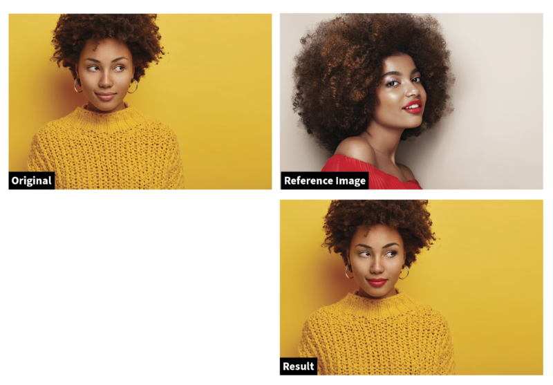 A triptych of images against yellow backgrounds featuring two women. top left: a woman in a yellow sweater, looking pensive. top right: a woman in a red dress, gazing sideways. bottom: a blend of the first two images, showing the woman in the yellow sweater with a similar pose to the second.