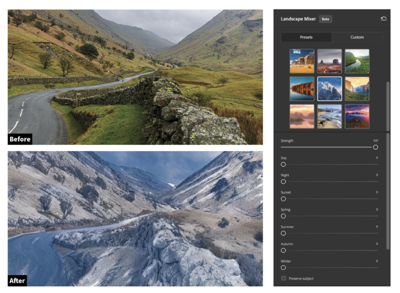 A split-screen image showing a landscape photo editor interface. the top displays a winding road in a lush, hilly region, while the bottom shows a rugged mountain glacier scene.