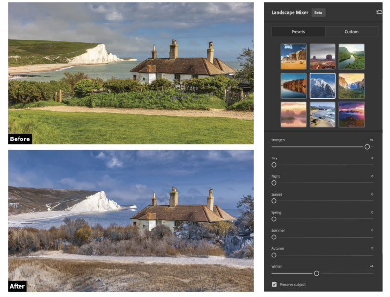 A comparison image showing a landscape editing software interface. the top shows a vibrant summer scene with green fields and a coastal house. the bottom image depicts the same scene altered to a wintry setting with snow.