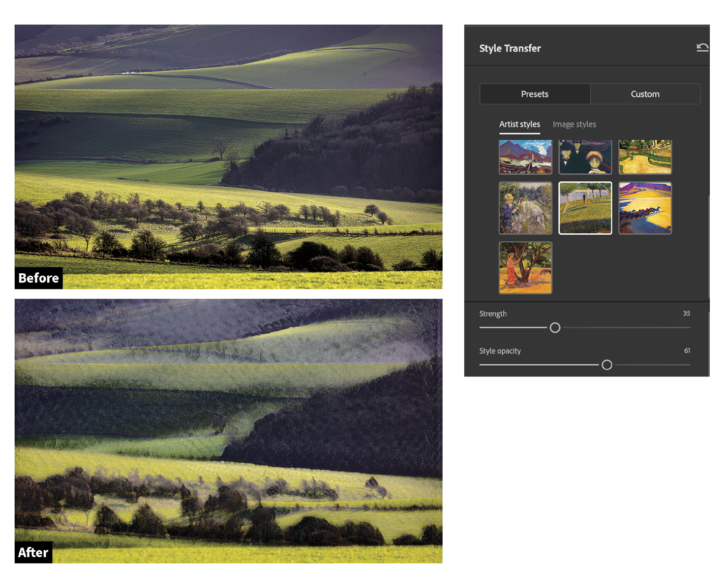 Before and after image showing the effect of a style transfer tool. the top image is a natural landscape; the bottom has an artistic overlay resembling van gogh's brush strokes. style options are displayed on the right.