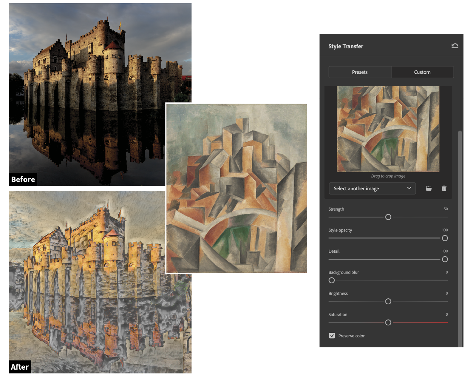 The image depicts a before-and-after style transfer of an ancient stone castle. the "before" shows the castle photo with reflective water below, and the "after" applies a cubist art style to the castle image.