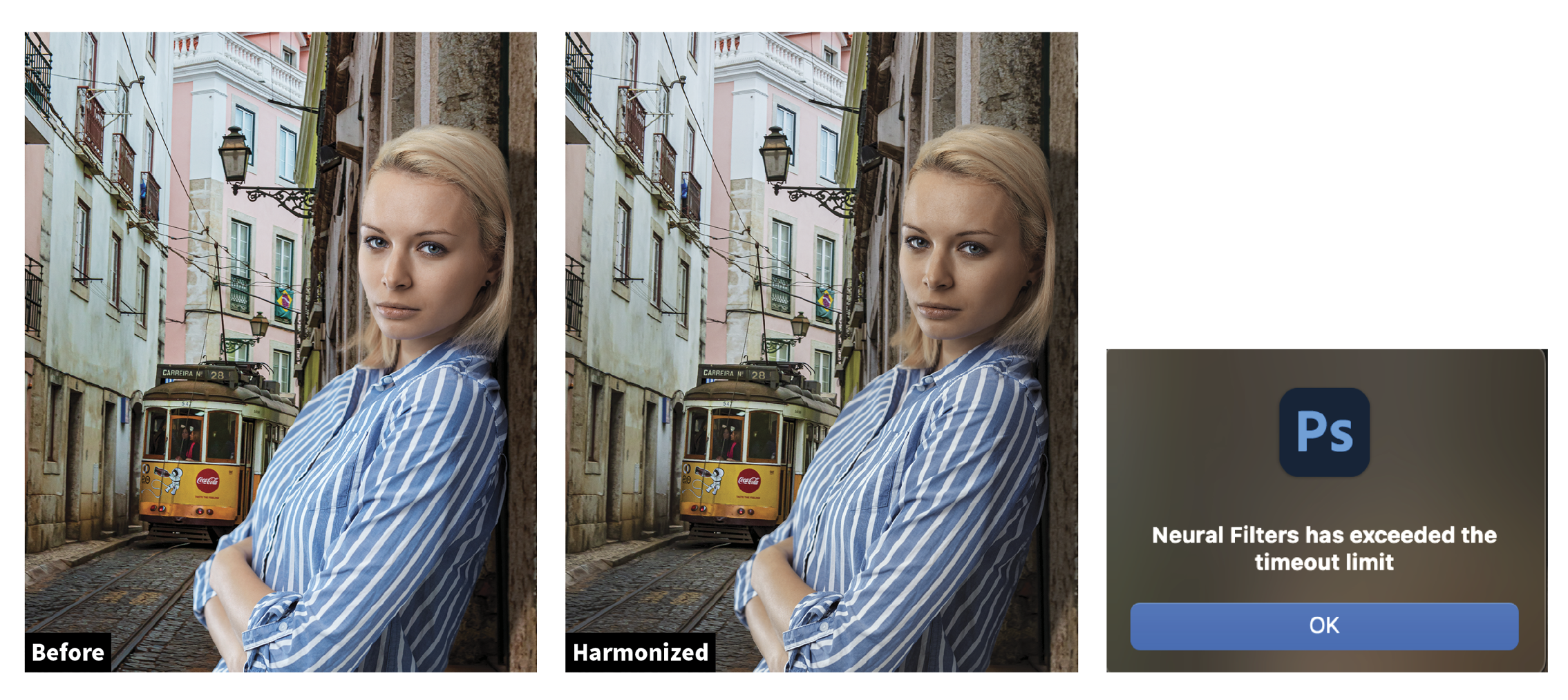A triptych showing a blonde woman before and after photo editing against a backdrop of a lisbon streetcar scene, and an error message from photoshop about neural filters.